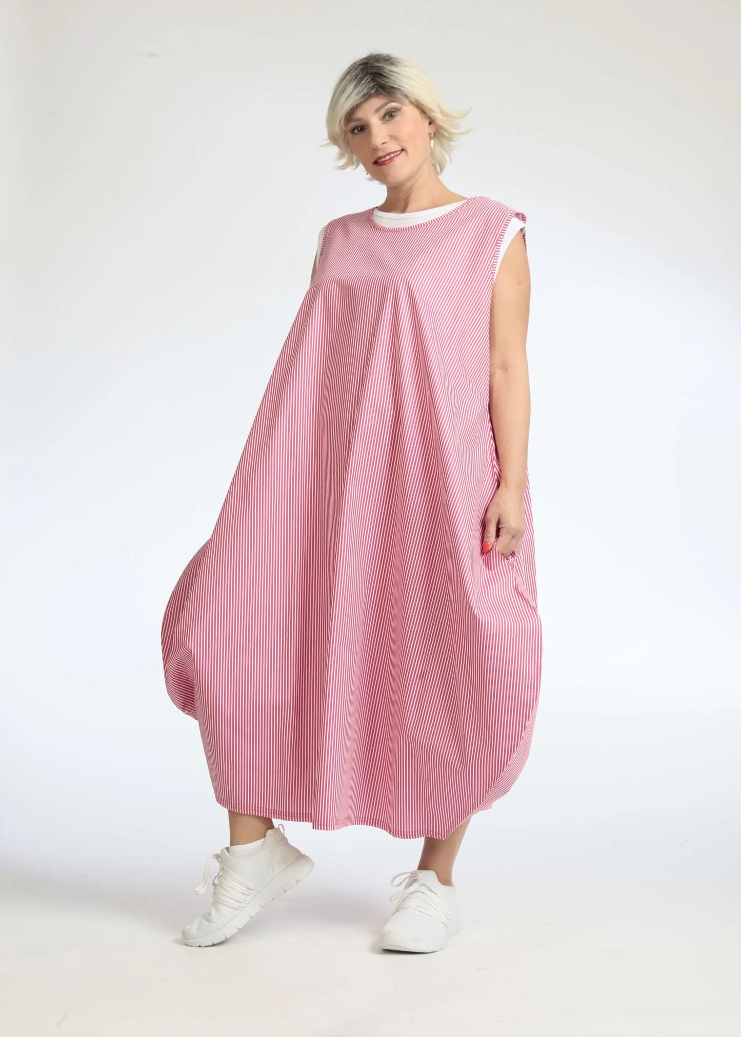 Sommer Kleid in Ballon Form aus glatter Popeline Qualität, Verena in Pink-Weiß