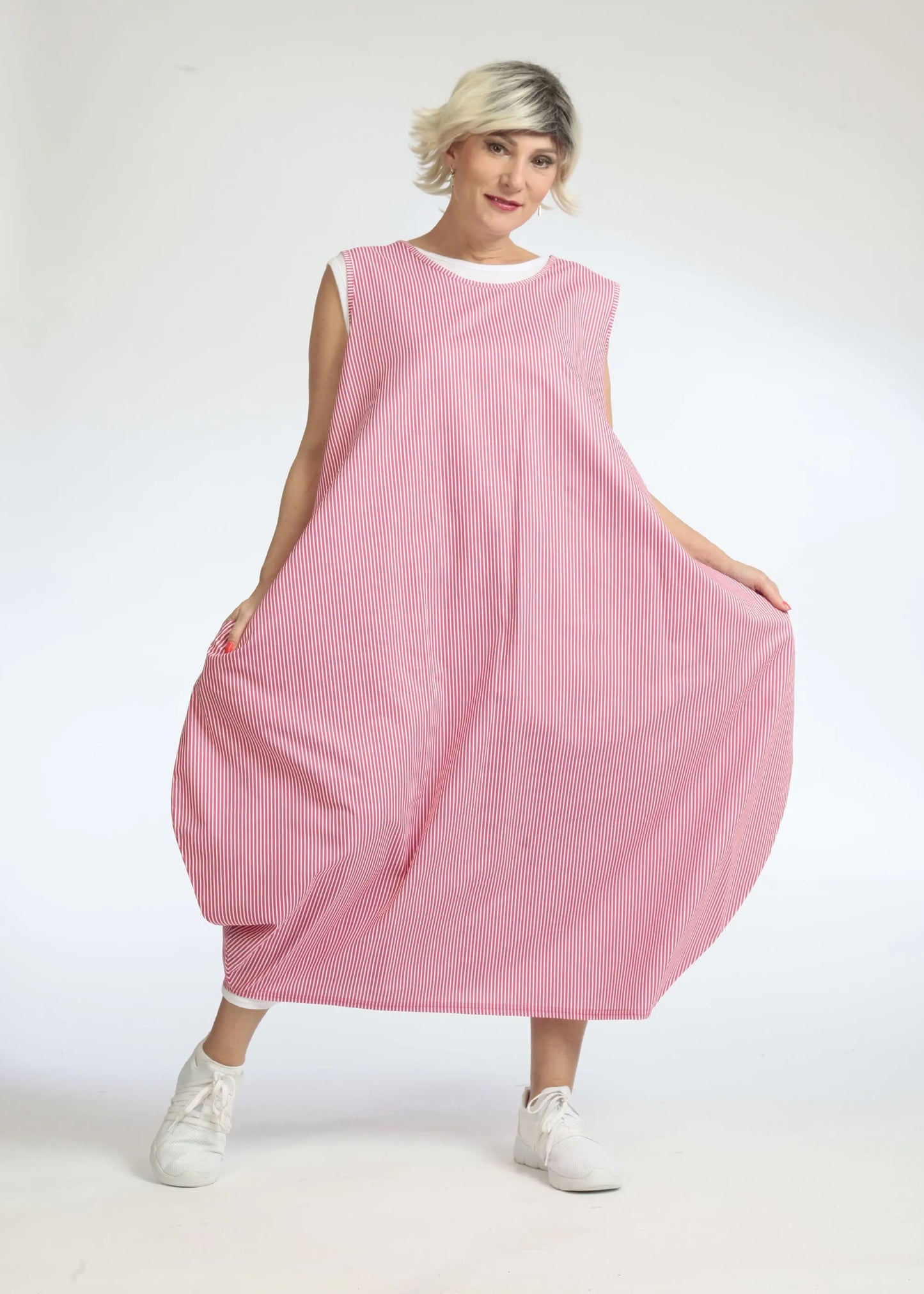 Sommer Kleid in Ballon Form aus glatter Popeline Qualität, Verena in Pink-Weiß