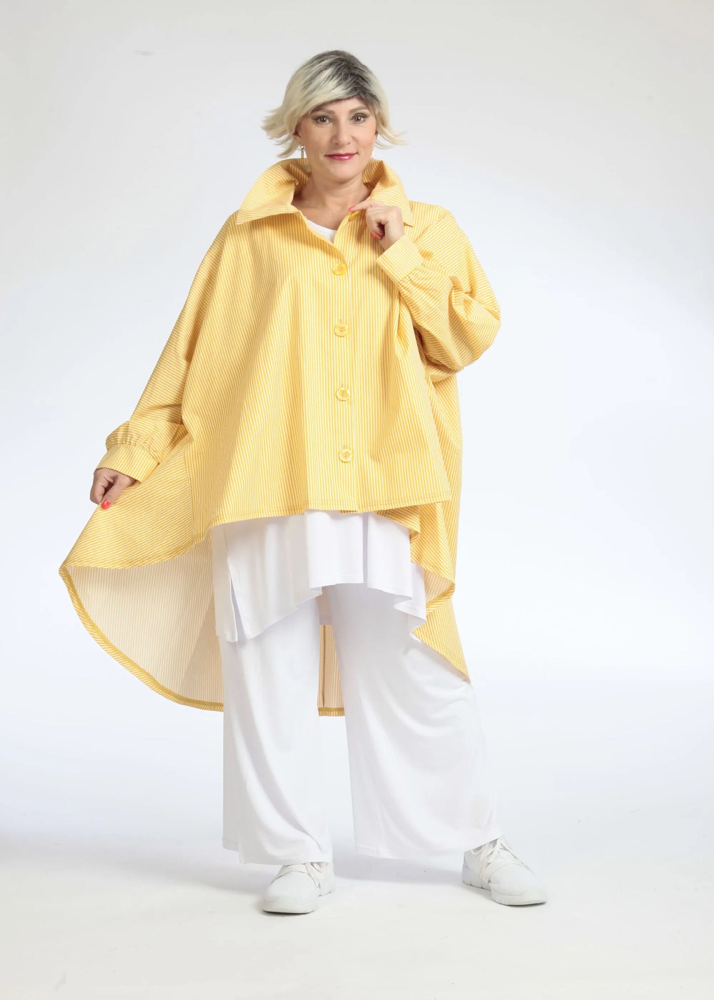 Sommer Bluse in Vokuhila Form aus glatter Popeline Qualität, Verena in Gelb-Weiß