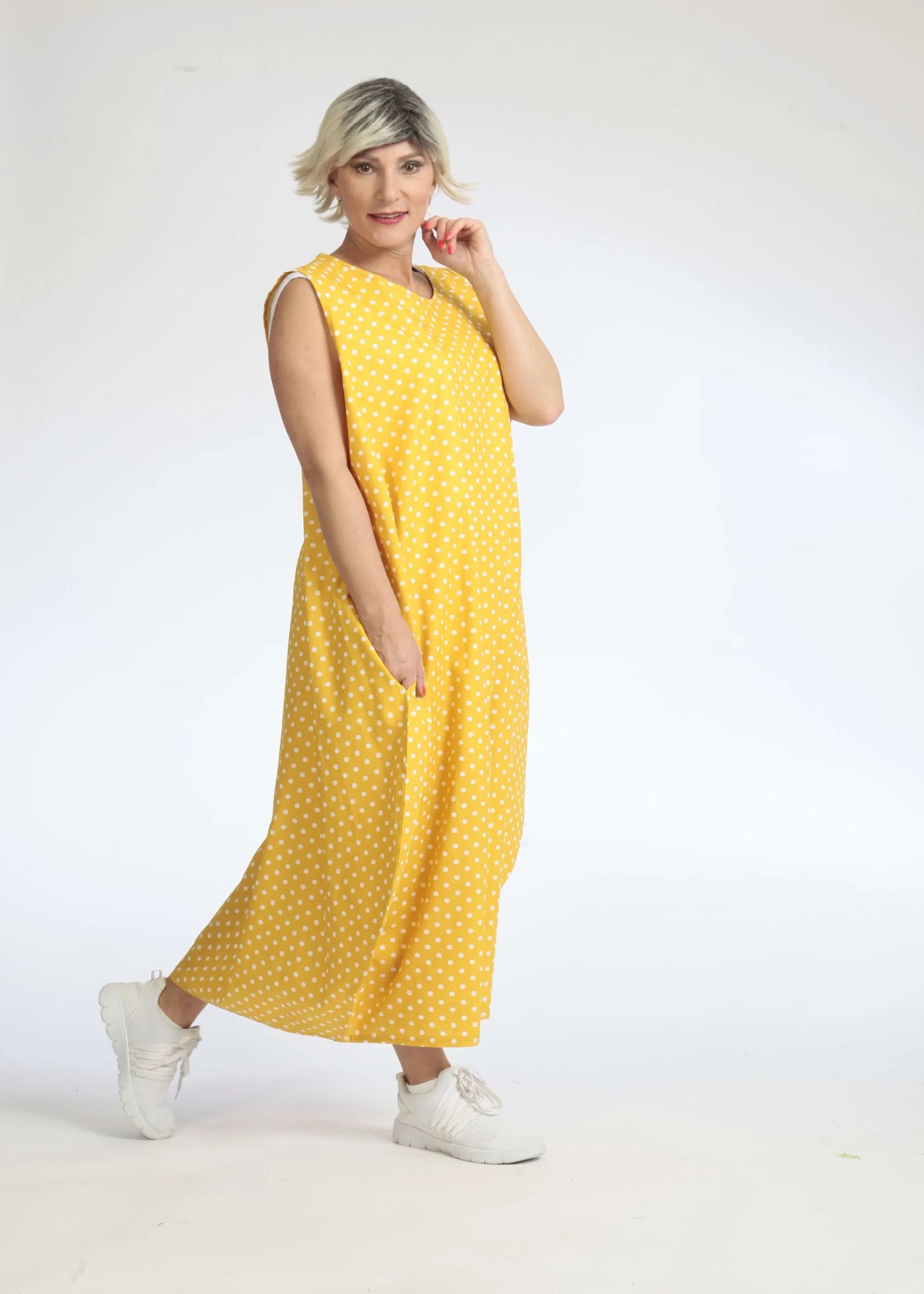 Sommer Kleid in Ballon Form aus glatter Popeline Qualität, Freya in Gelb-Weiß