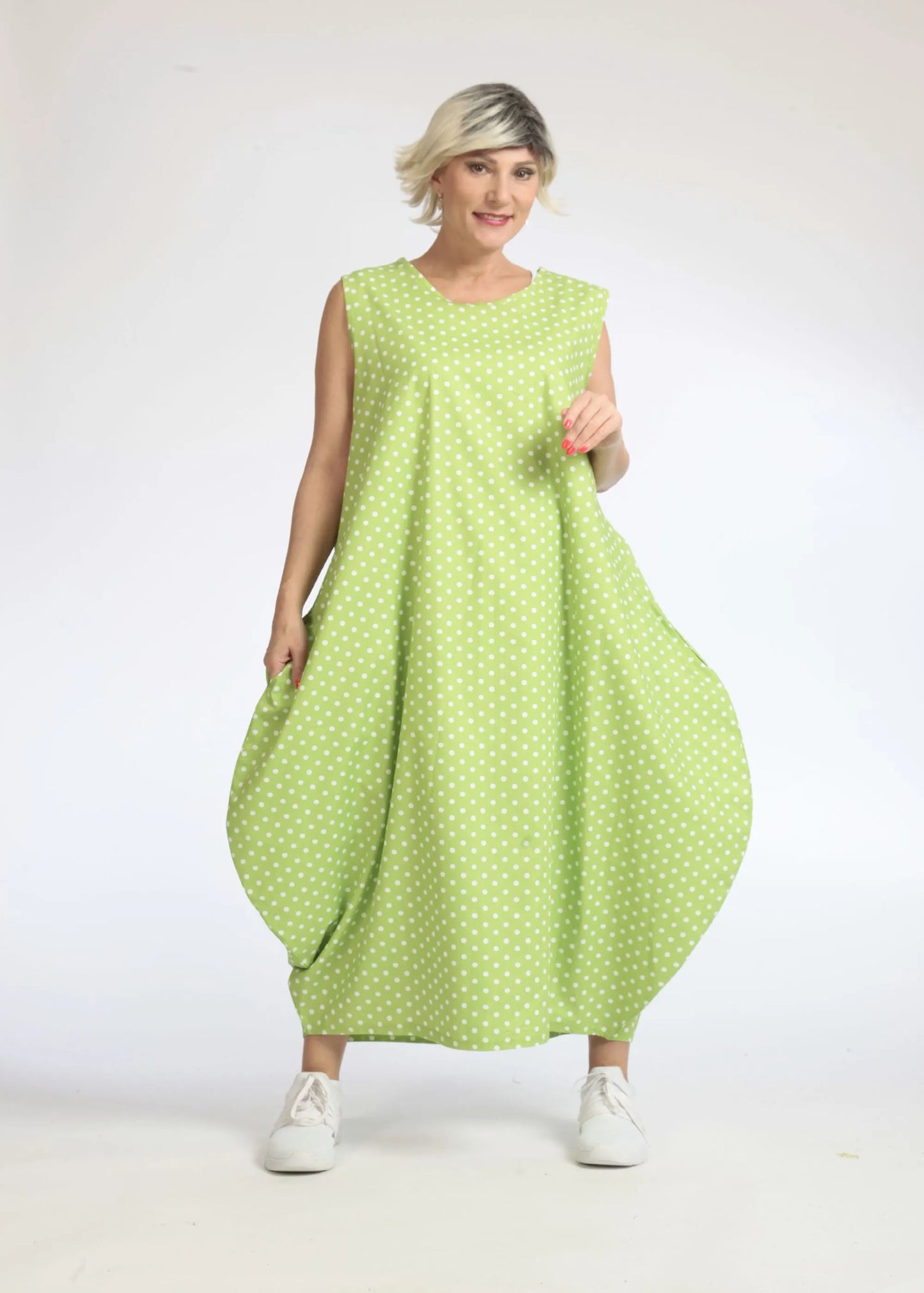 Sommer Kleid in Ballon Form aus glatter Popeline Qualität, Freya in Apfelgrün-Weiß