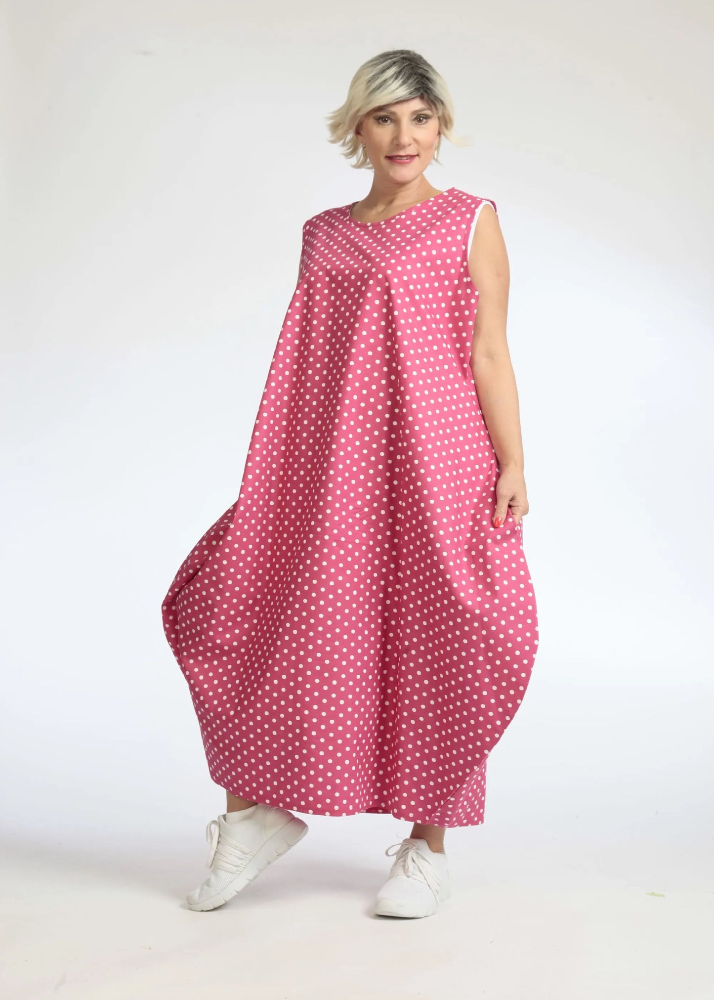 Sommer Kleid in Ballon Form aus glatter Popeline Qualität, Freya in Pink-Weiß