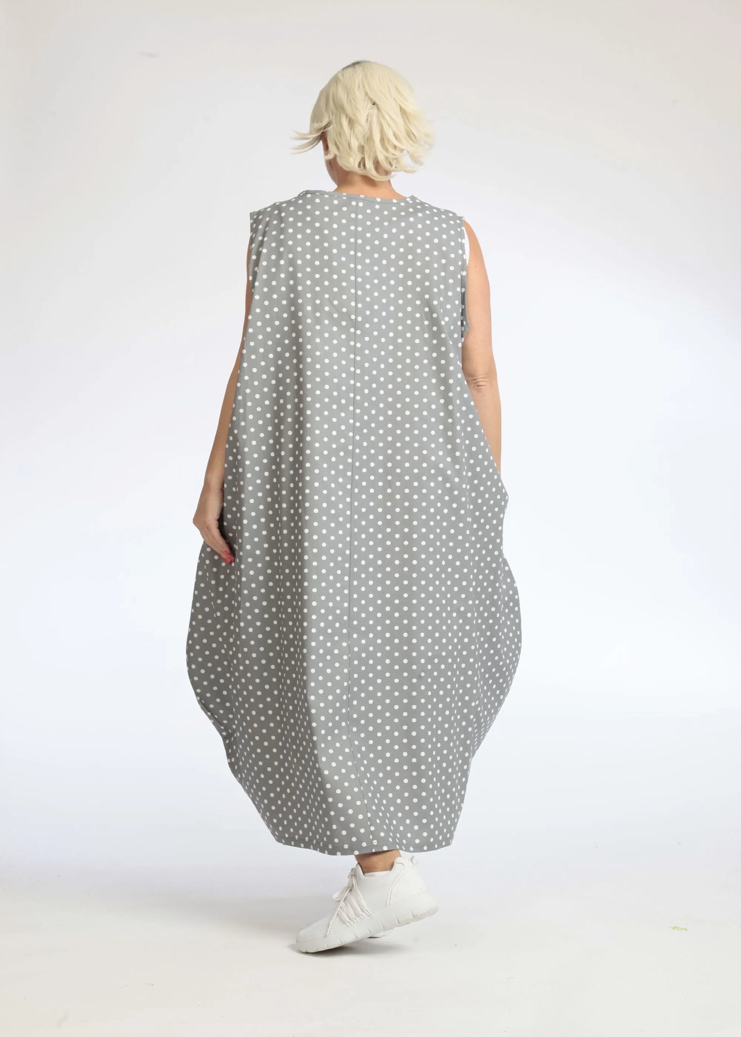 Sommer Kleid in Ballon Form aus glatter Popeline Qualität, Freya in Grau-Weiß