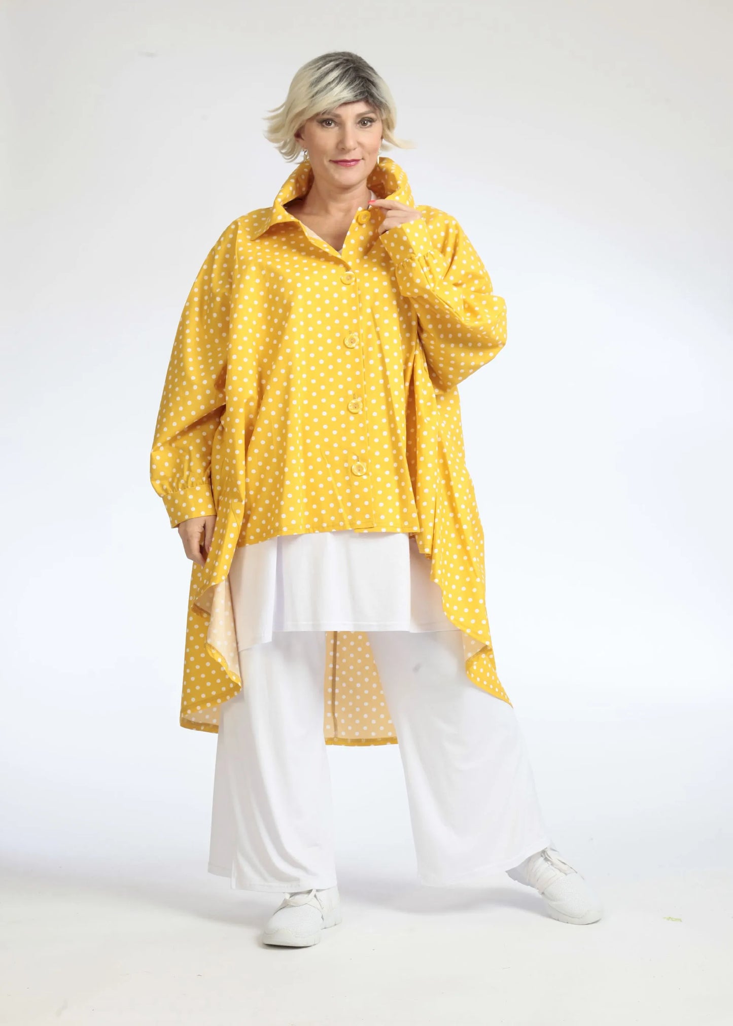 Sommer Bluse in Vokuhila Form aus glatter Popeline Qualität, Freya in Gelb-Weiß