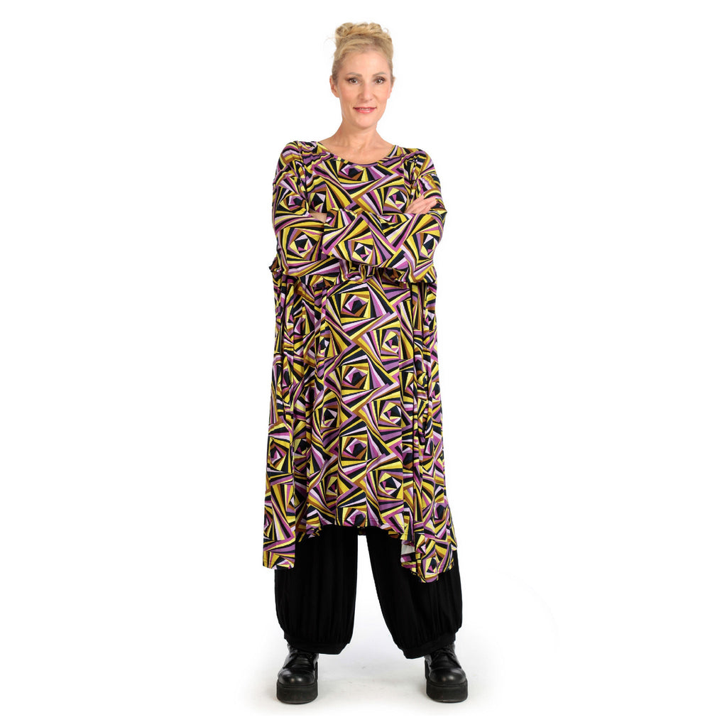 Winter dress in A-shape made of stretcher jersey quality, maple in purple-yellow-lilac