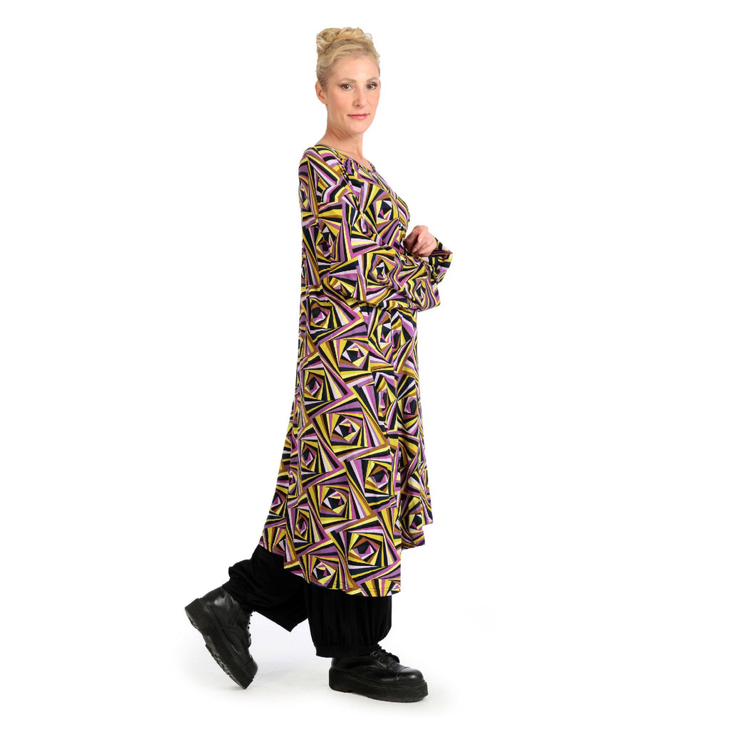 Winter dress in A-shape made of stretcher jersey quality, maple in purple-yellow-lilac