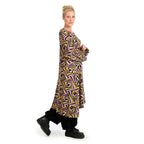 Winter dress in A-shape made of stretcher jersey quality, maple in purple-yellow-lilac