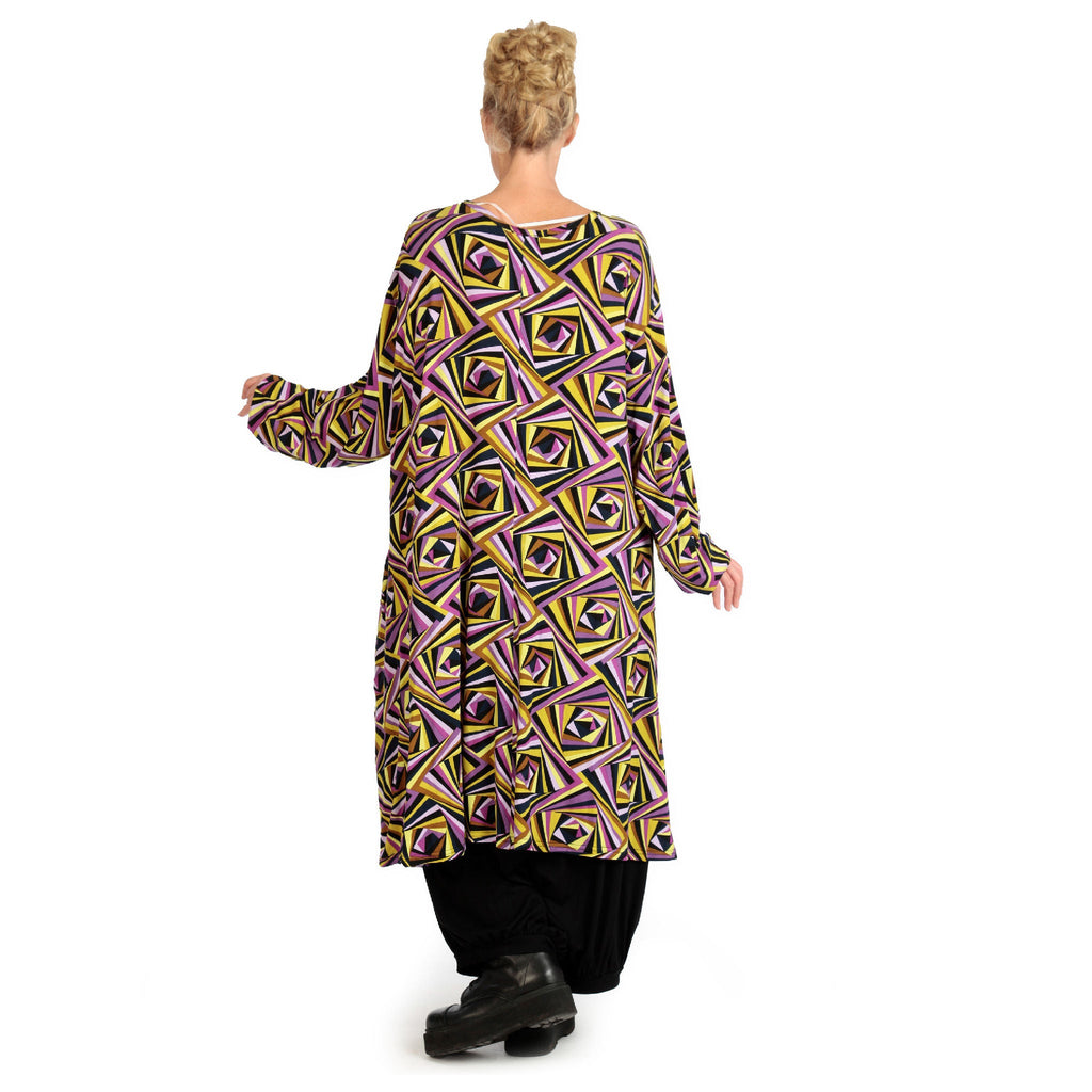 Winter dress in A-shape made of stretcher jersey quality, maple in purple-yellow-lilac