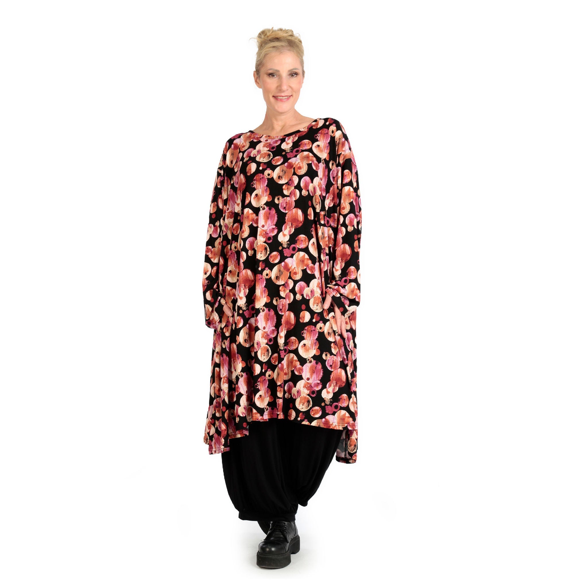 Winter dress in A-shape made of stretch jersey quality, Luna in black-red-fuchsia