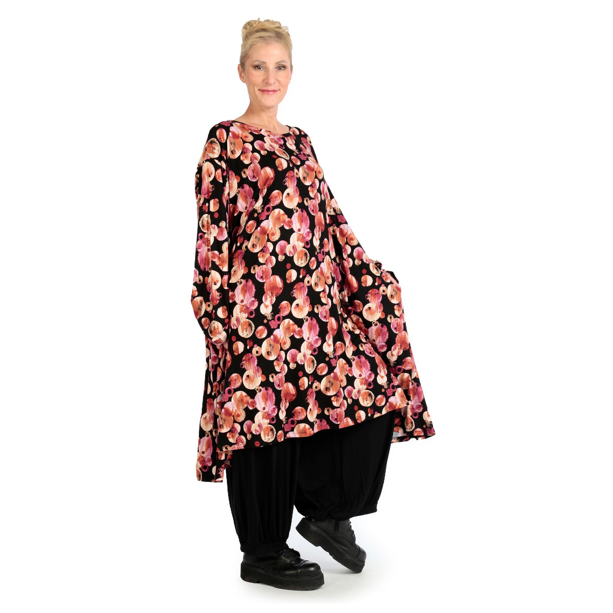 Winter dress in A-shape made of stretch jersey quality, Luna in black-red-fuchsia