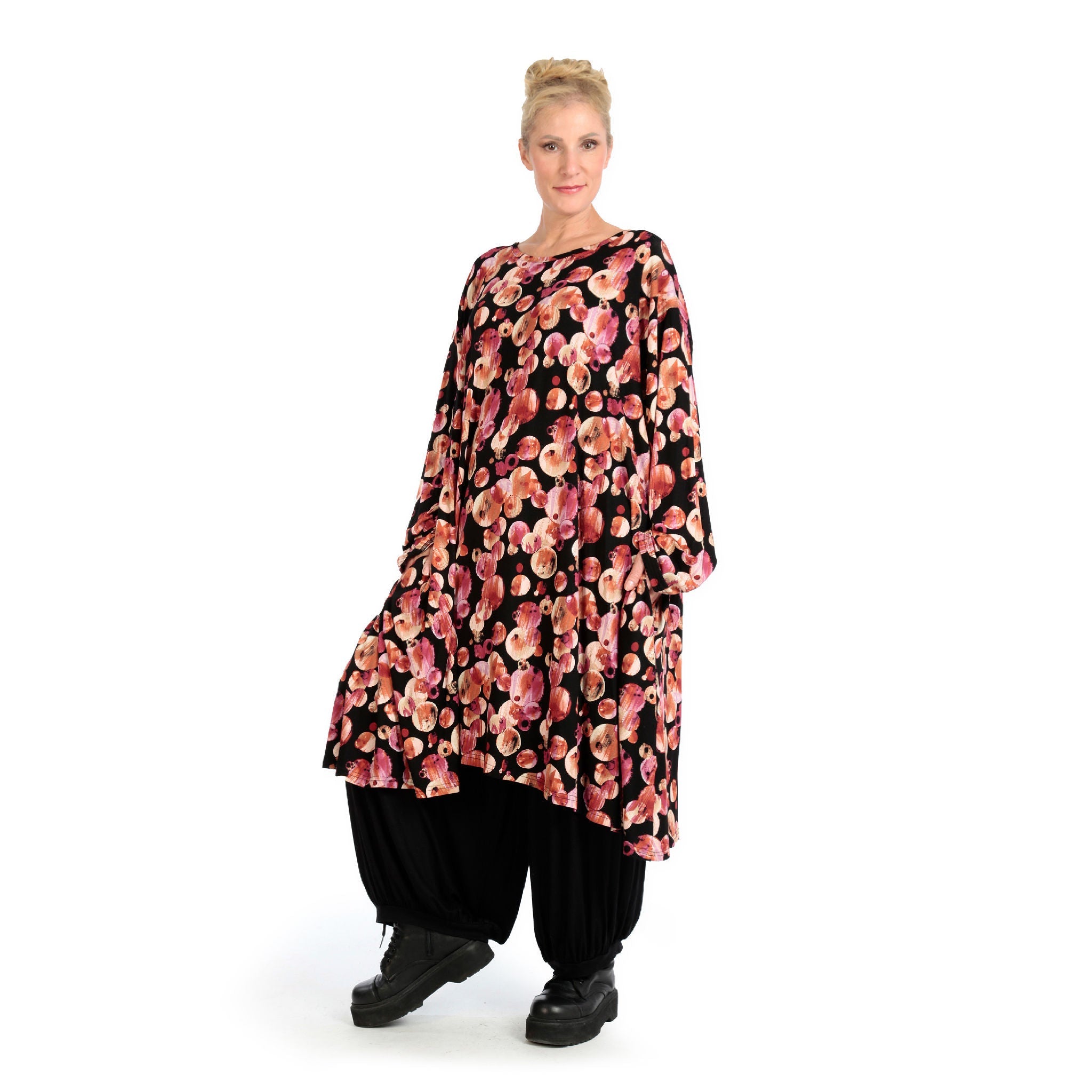 Winter dress in A-shape made of stretch jersey quality, Luna in black-red-fuchsia