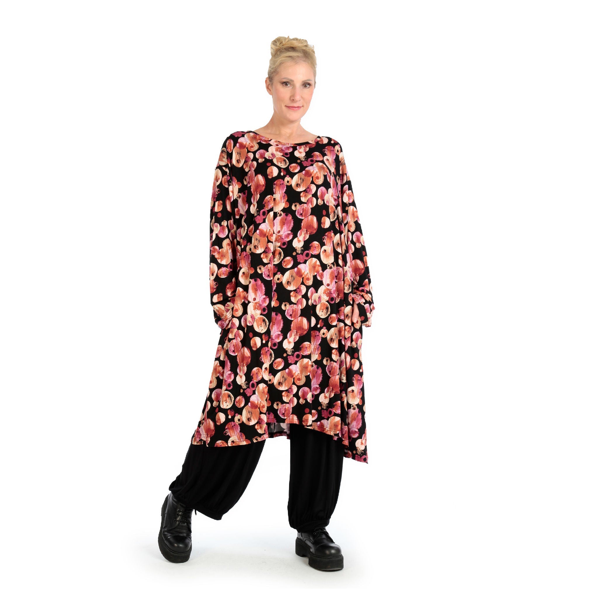 Winter dress in A-shape made of stretch jersey quality, Luna in black-red-fuchsia