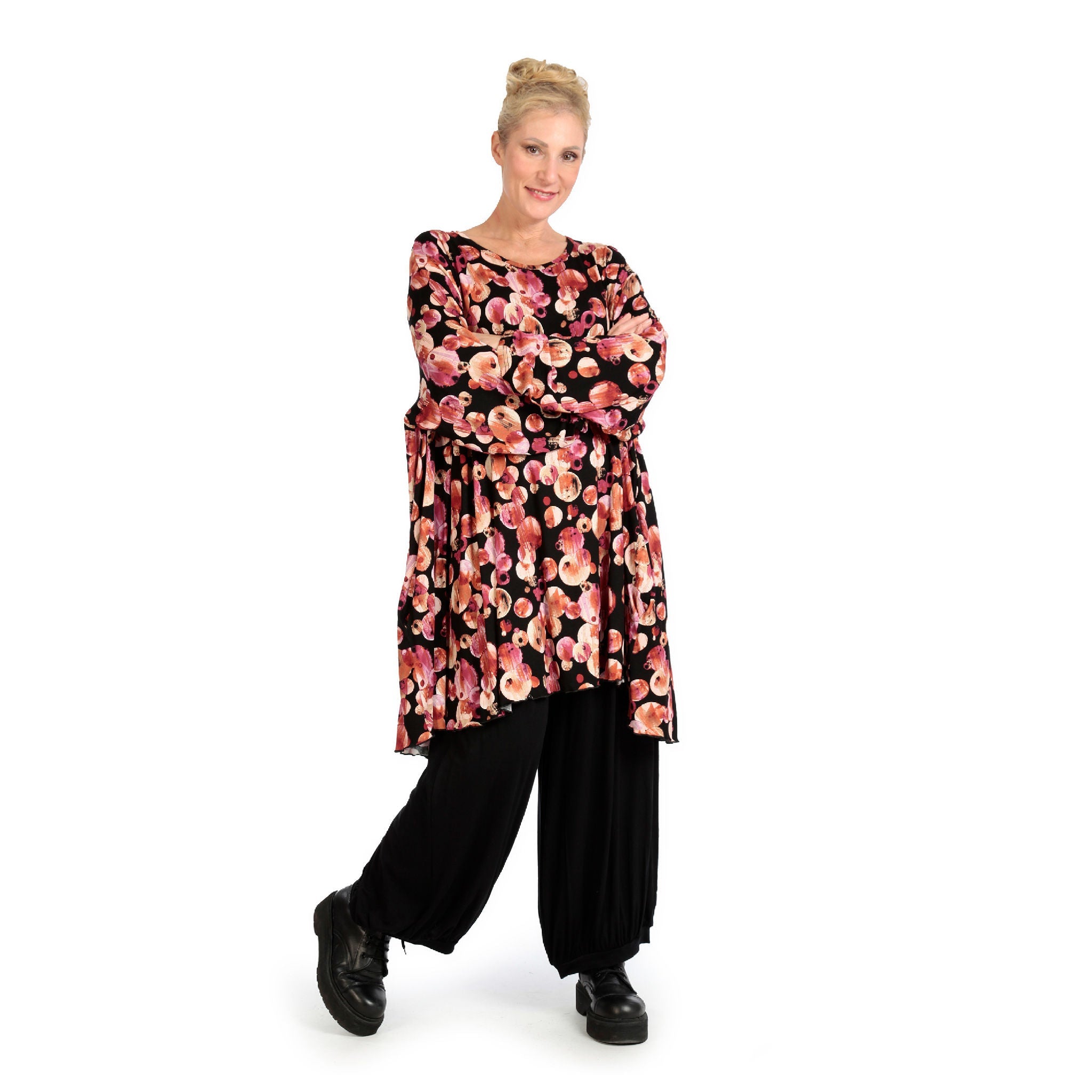 Winter big shirt in A-shape made of stretch jersey quality, Luna in black-red-fuchsia