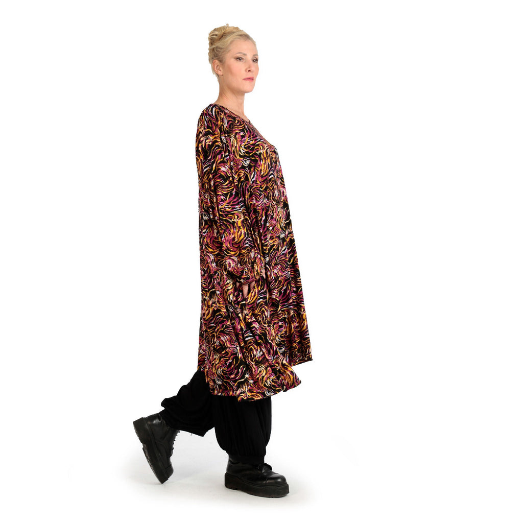 Winter dress in A-shape made of stretch jersey quality, Sienna in black-fuchsia-yellow