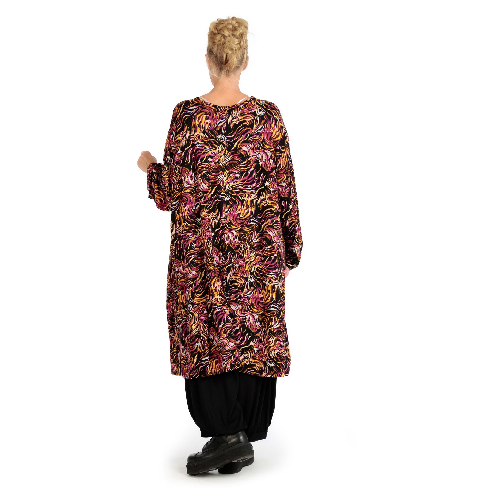Winter dress in A-shape made of stretch jersey quality, Sienna in black-fuchsia-yellow