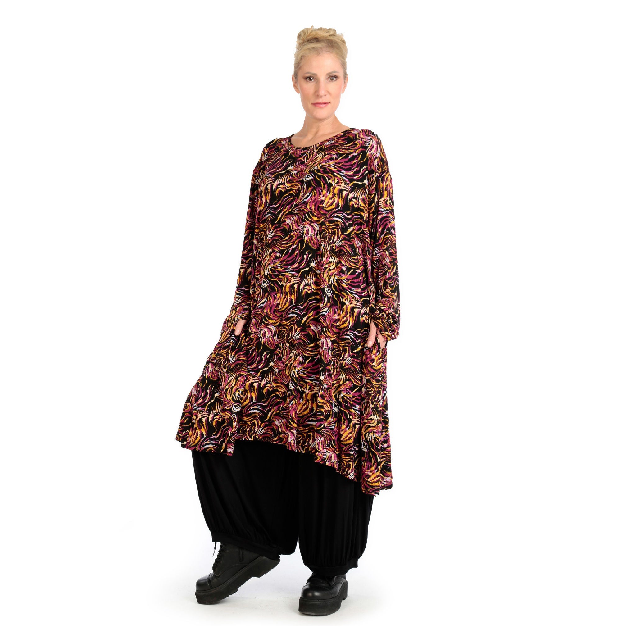 Winter dress in A-shape made of stretch jersey quality, Sienna in black-fuchsia-yellow