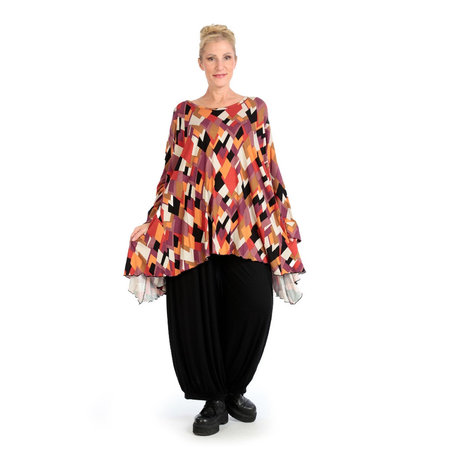 Winter Big Shirt in A-Form aus stretcher Jersey Qualität, Lavina in Schwarz-Flieder-Orange