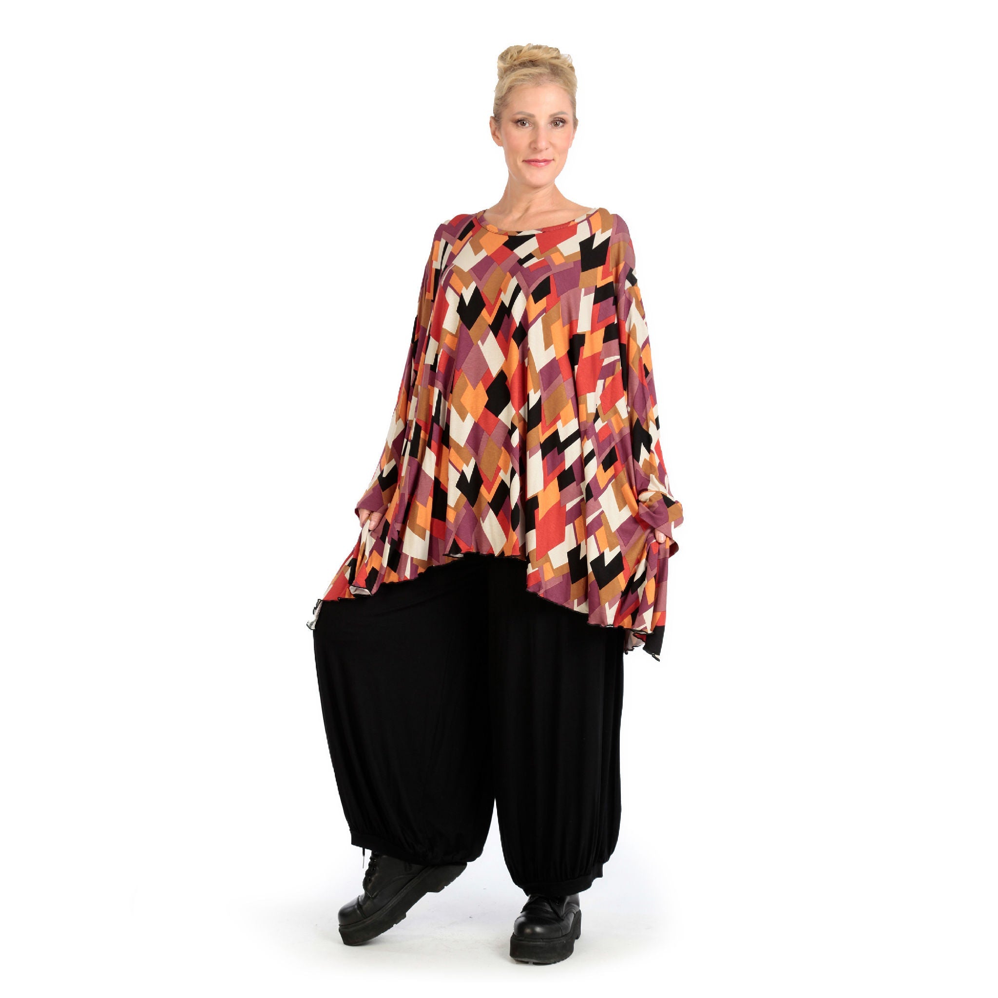 Winter big shirt in A-shape made of stretch jersey quality, Lavina in black-lilac-orange