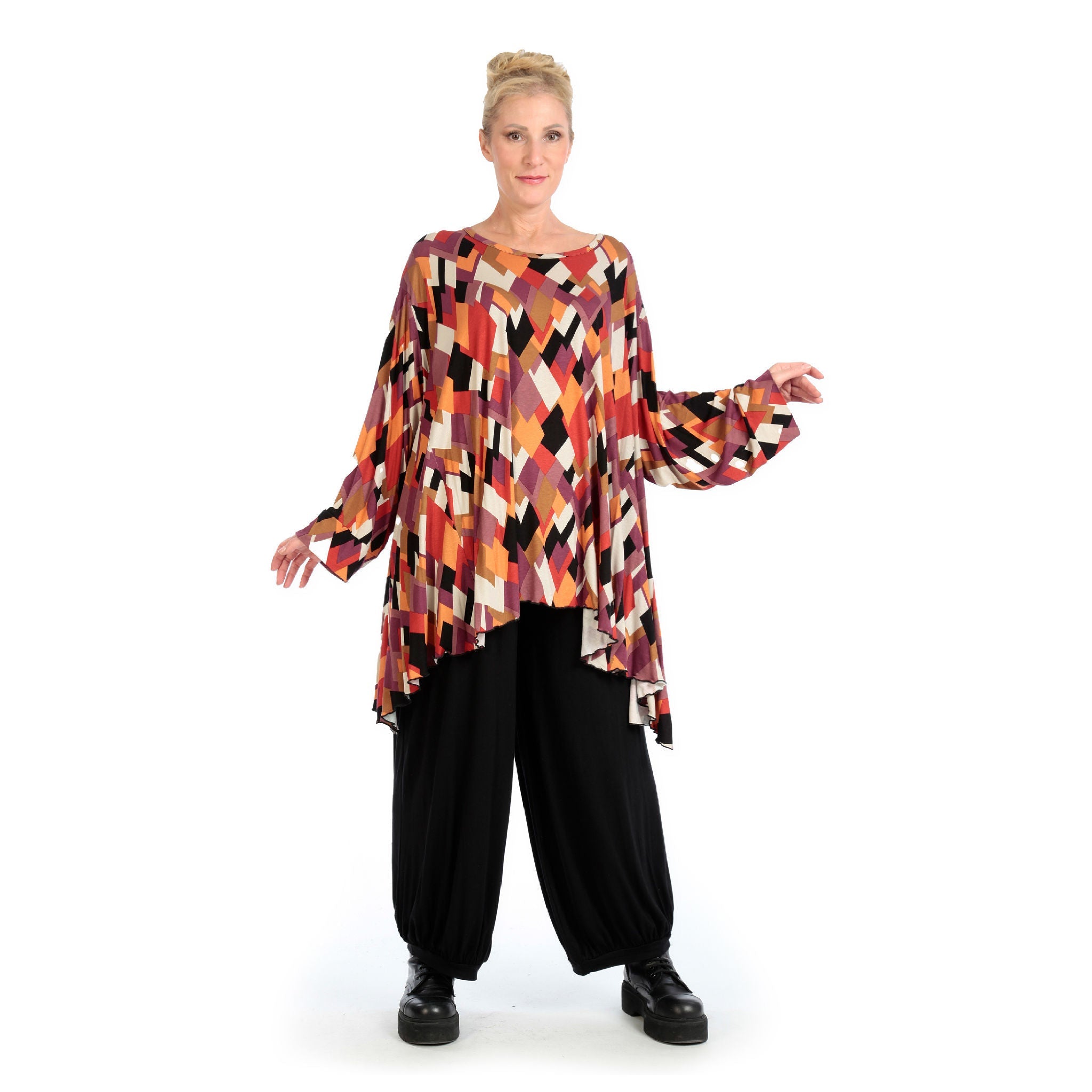 Winter big shirt in A-shape made of stretch jersey quality, Lavina in black-lilac-orange