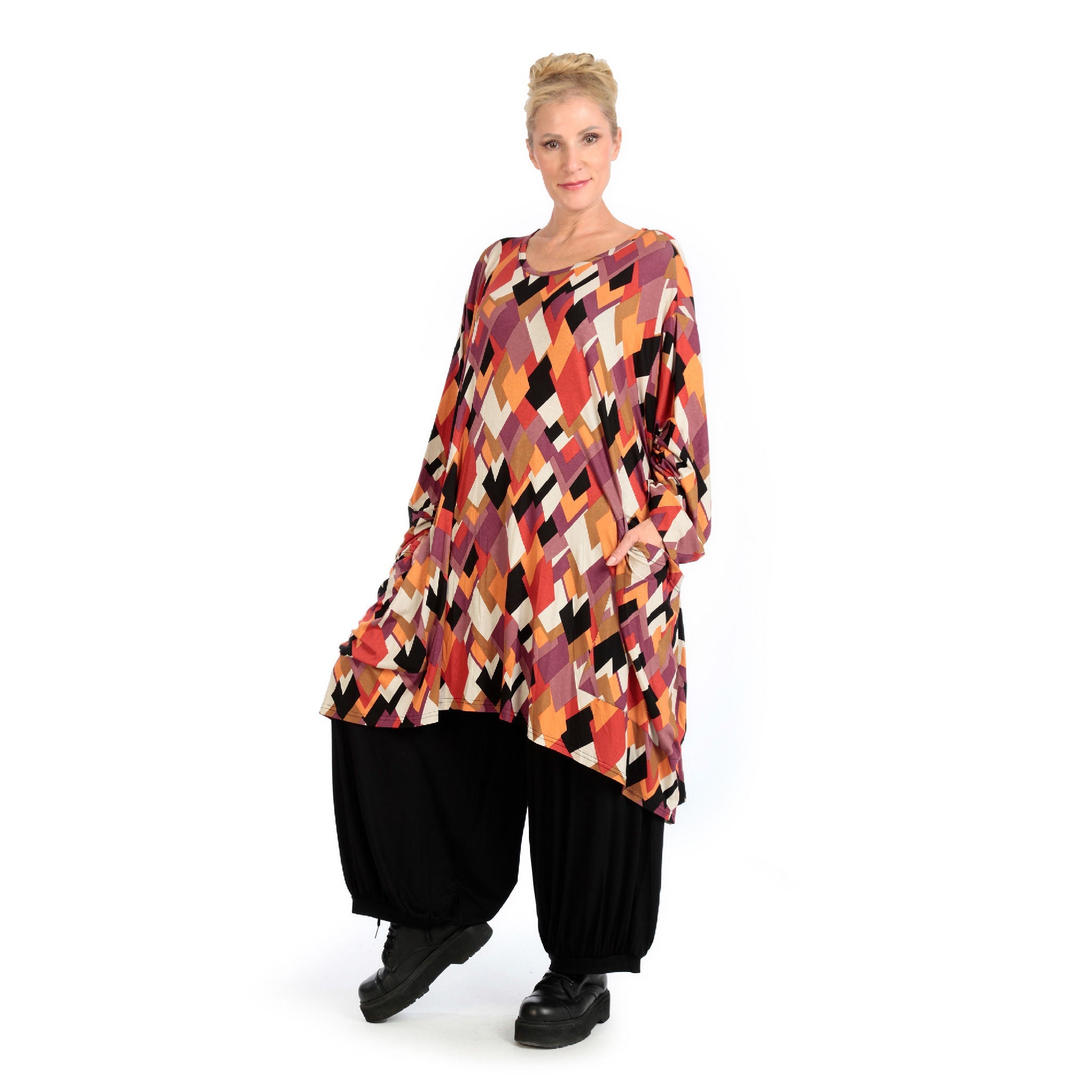 Winter big shirt in balloon shape made of stretcher jersey quality, Lavina in black-lilac-orange