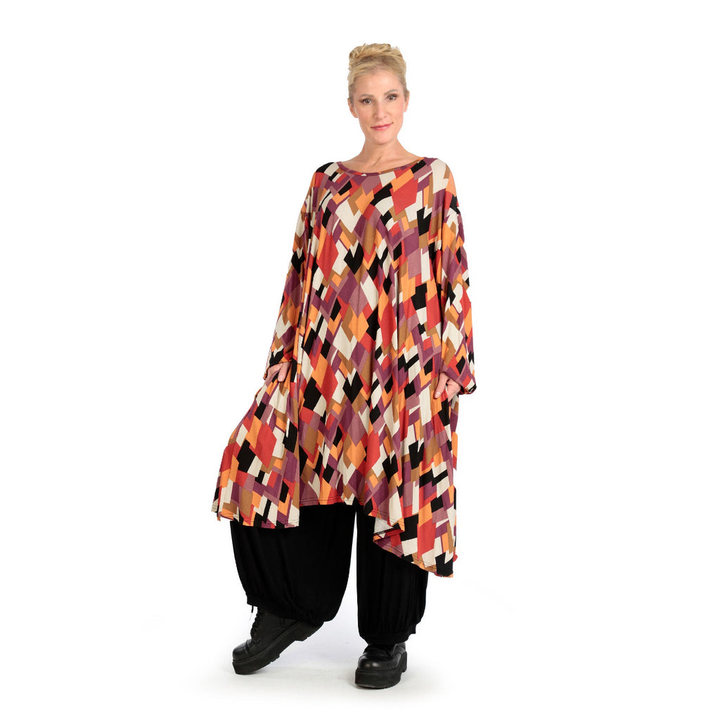 Robe d'hiver en forme de A en jersey extensible de qualité, Lavina en noir-lilas-orange