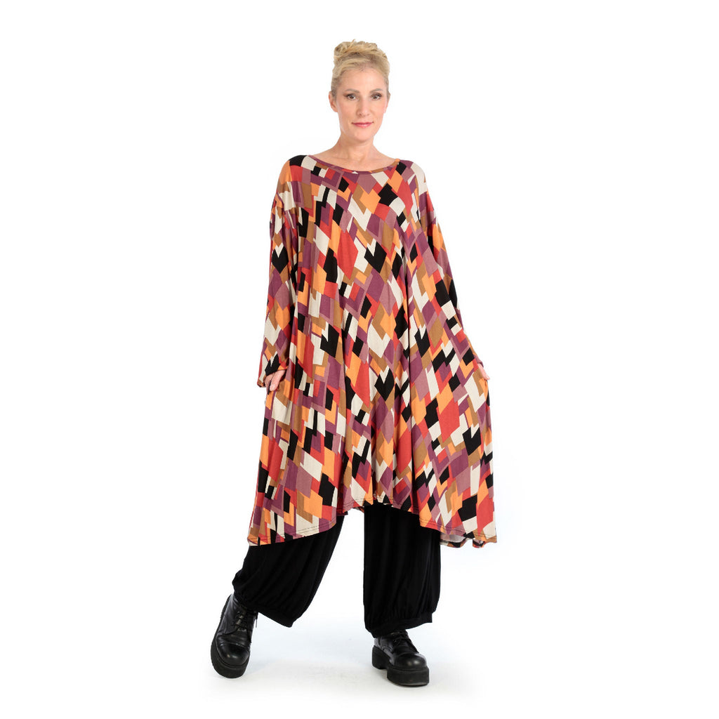 Robe d'hiver en forme de A en jersey extensible de qualité, Lavina en noir-lilas-orange