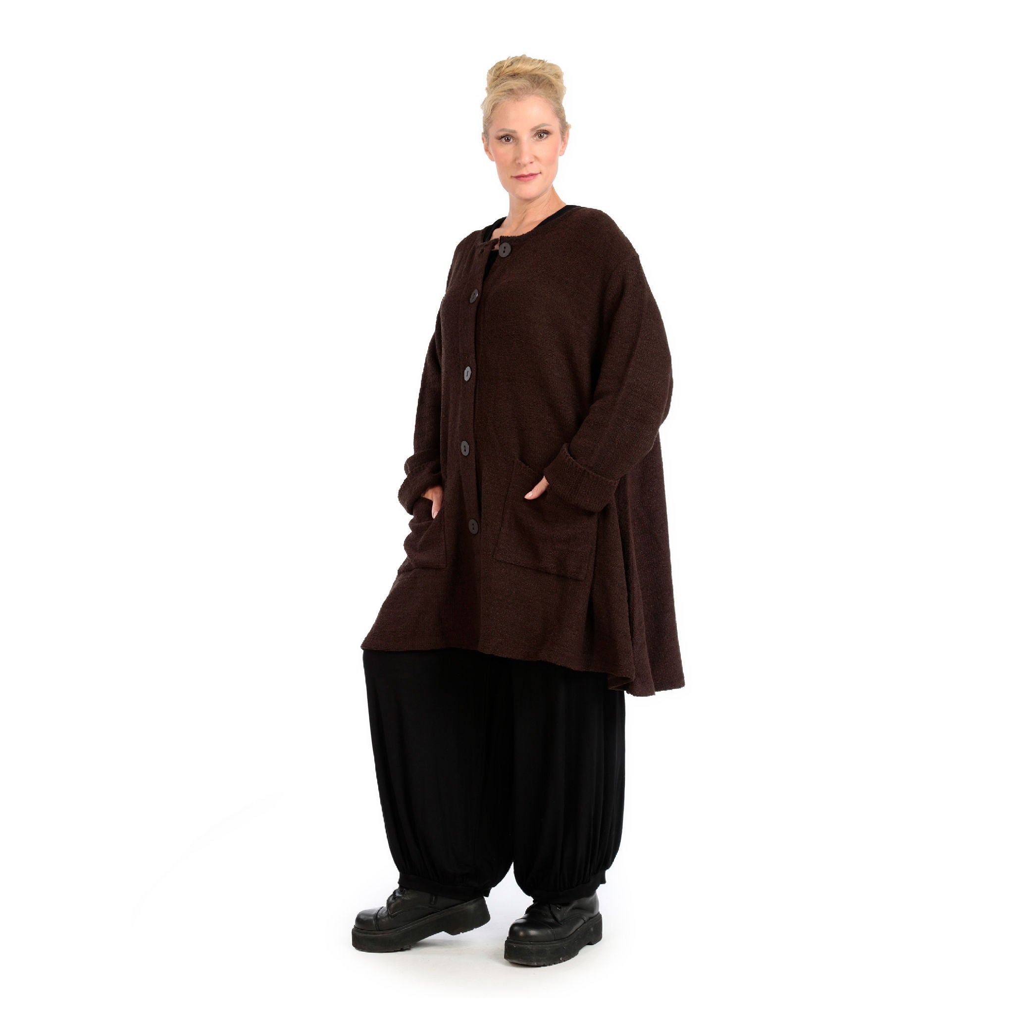 Winter jacket in A-shape made of soft boucle quality, boucle knit in chocolate brown