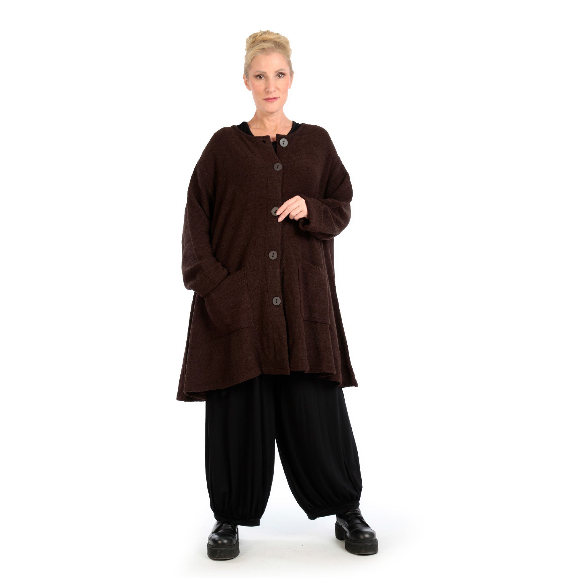 Winter jacket in A-shape made of soft boucle quality, boucle knit in chocolate brown