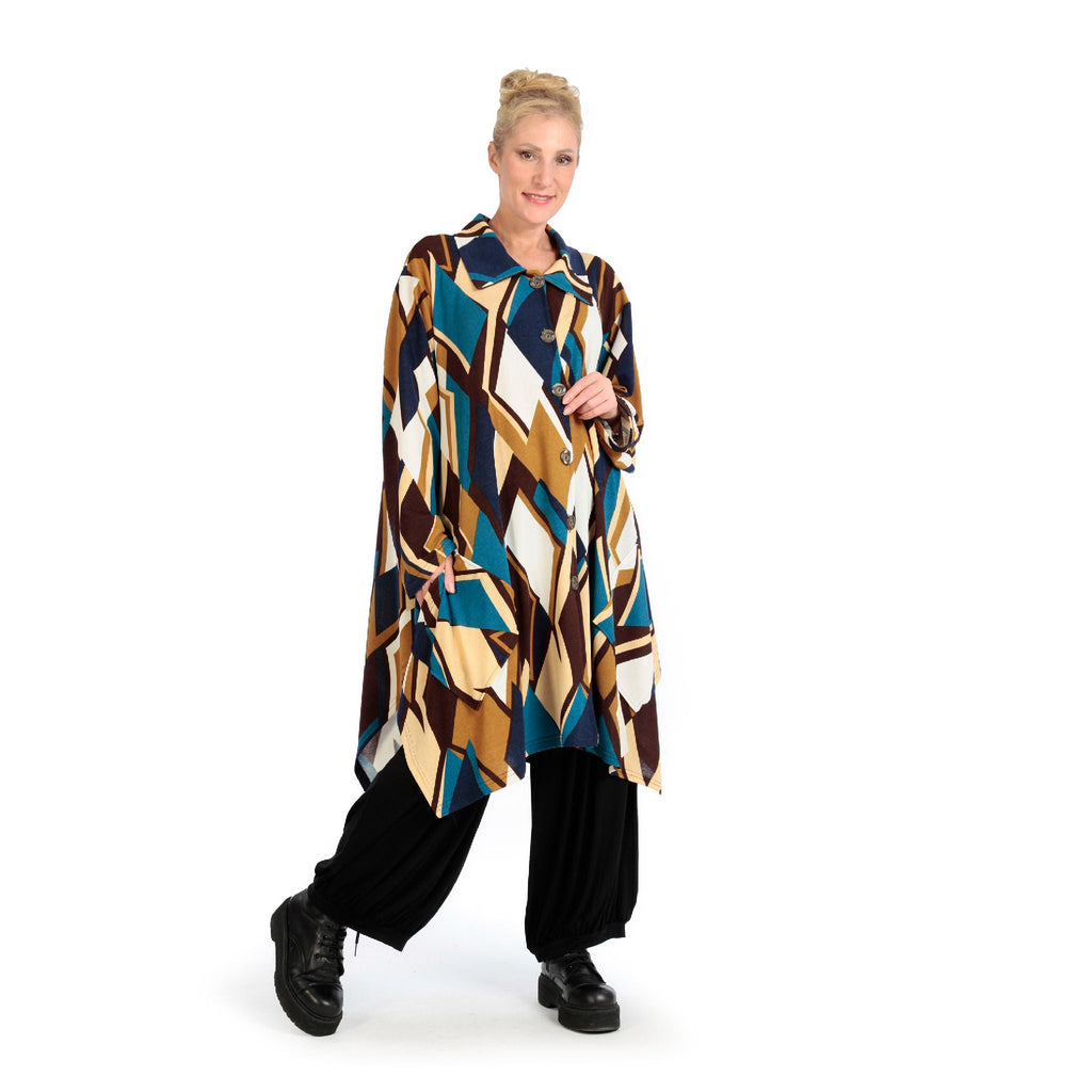 Winter jacket in A-shape made of soft fine knit quality, Viva in blue-cognac-white