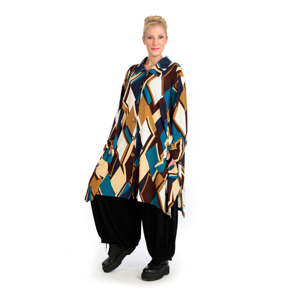 Winter jacket in A-shape made of soft fine knit quality, Viva in blue-cognac-white