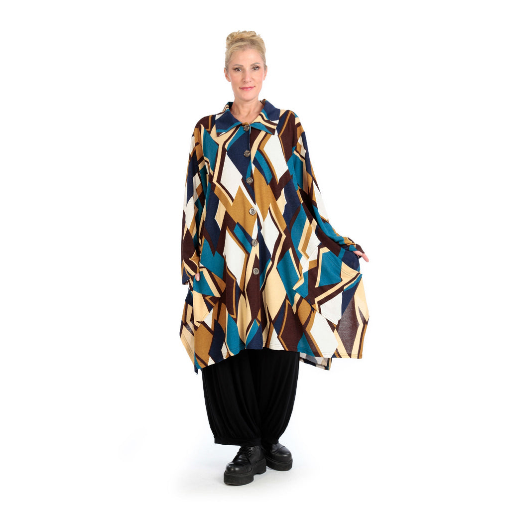Winter jacket in A-shape made of soft fine knit quality, Viva in blue-cognac-white