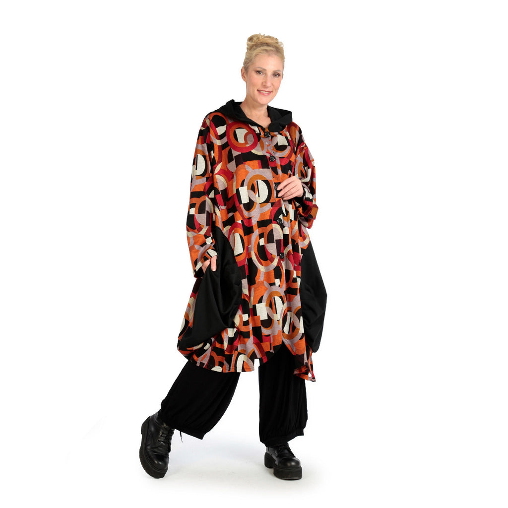 Winter coat in balloon shape made of warm Romanit jersey quality, Makino in red-orange-black