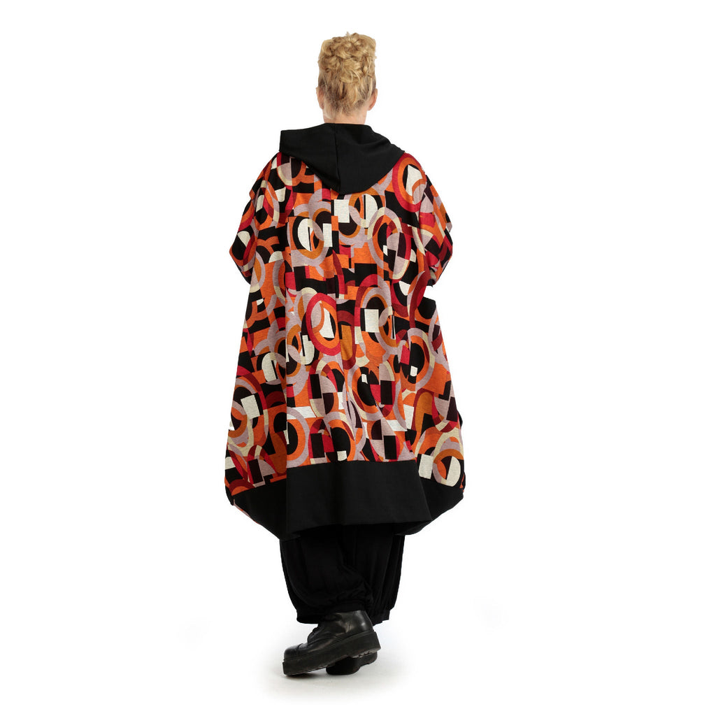 Winter coat in balloon shape made of warm Romanit jersey quality, Makino in red-orange-black