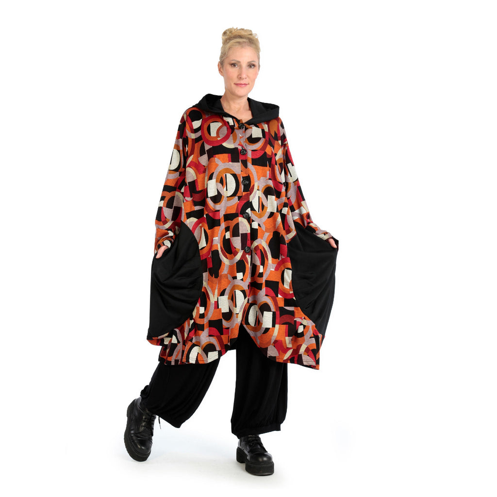 Winter coat in balloon shape made of warm Romanit jersey quality, Makino in red-orange-black