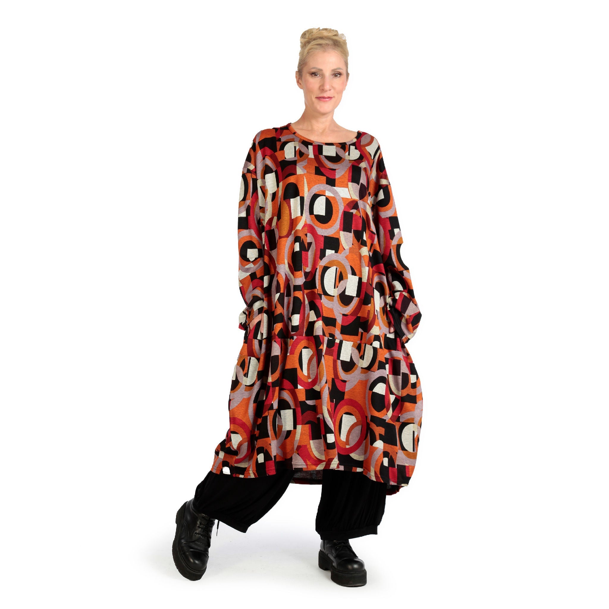 Winter dress in balloon shape made of warm Romanit jersey quality, Makino in red-orange-black