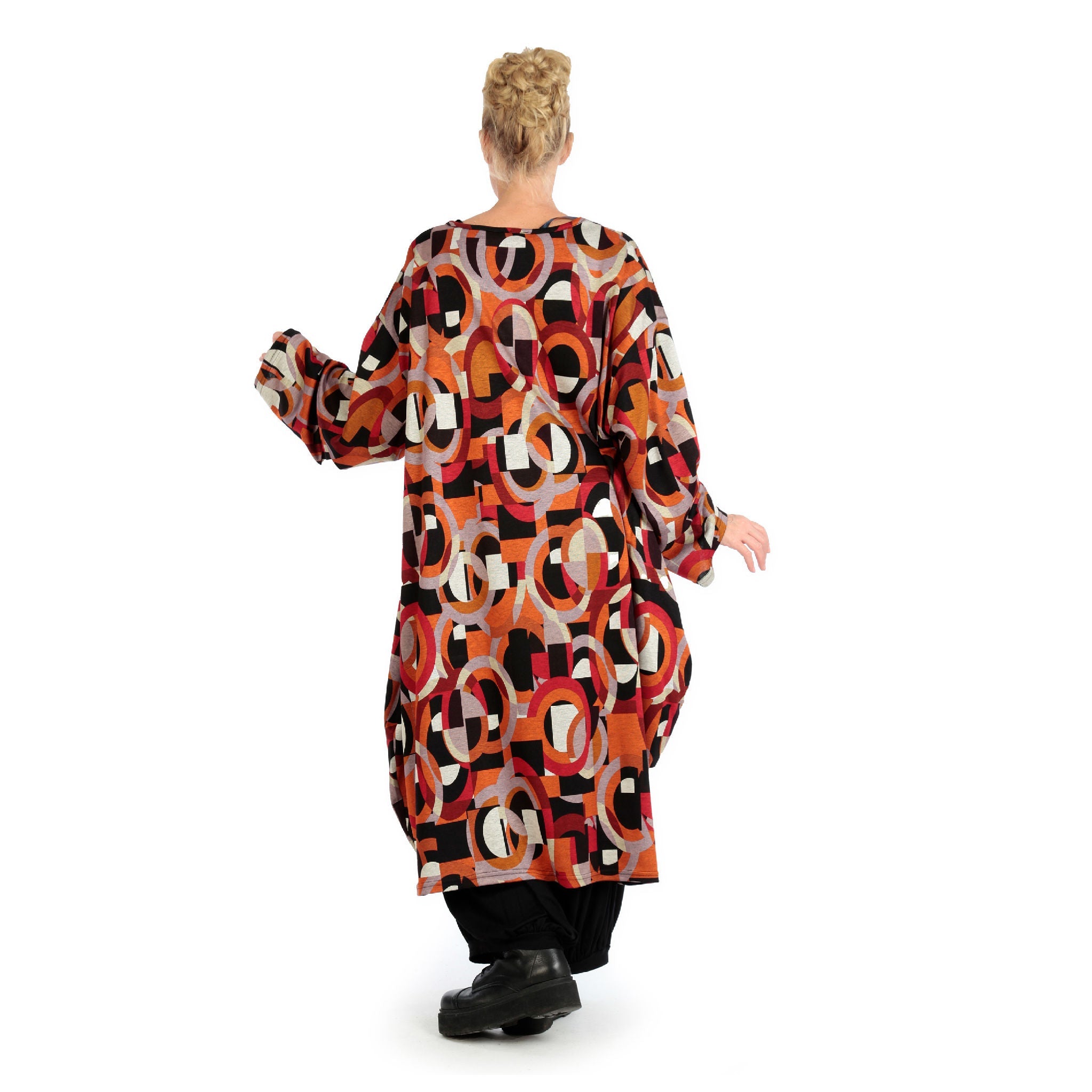 Winter dress in balloon shape made of warm Romanit jersey quality, Makino in red-orange-black