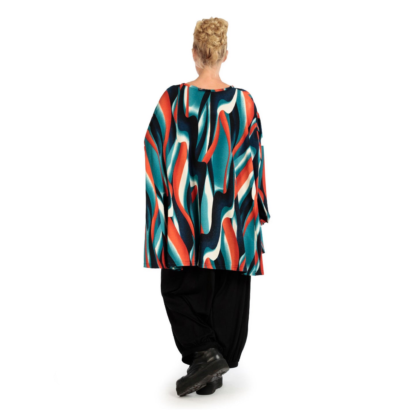 Winter big shirt in A-shape made of soft fine knit quality, Aurora in blue-orange-black