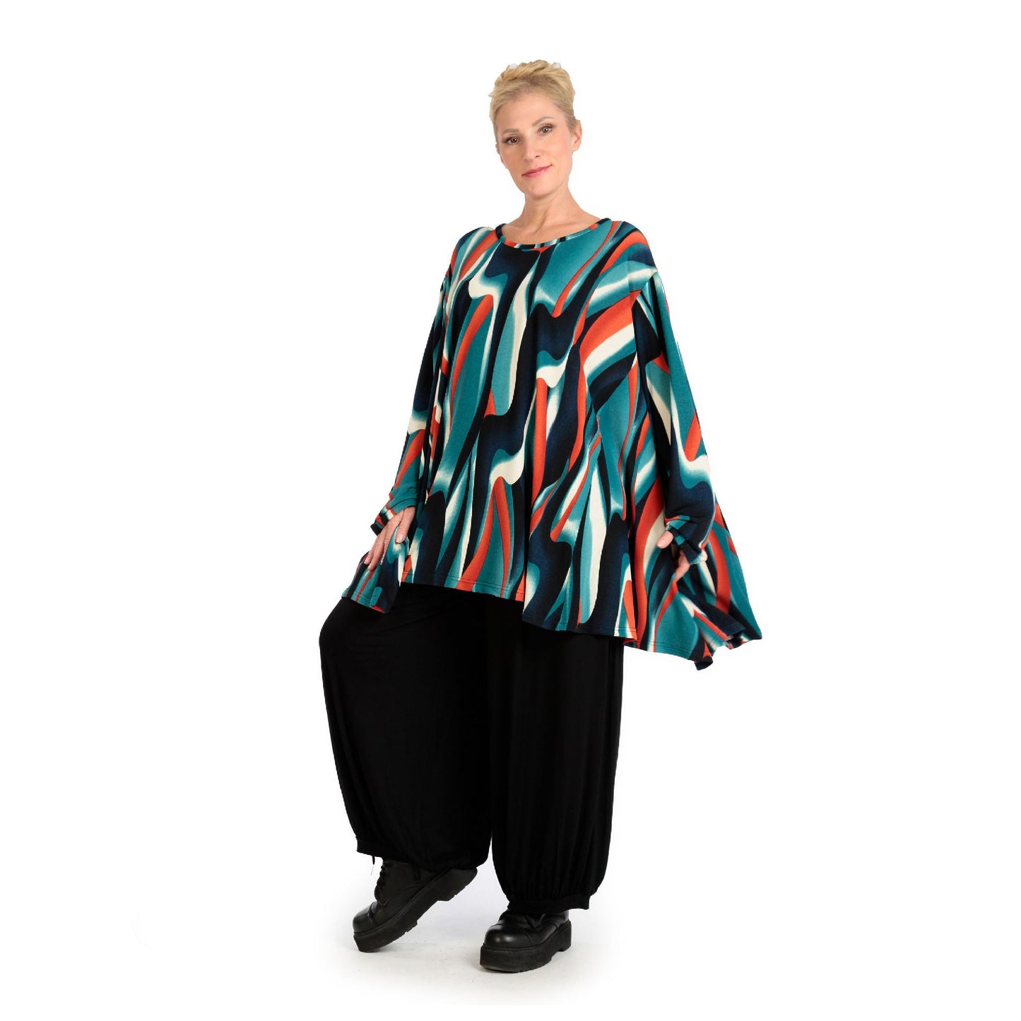 Winter big shirt in A-shape made of soft fine knit quality, Aurora in blue-orange-black