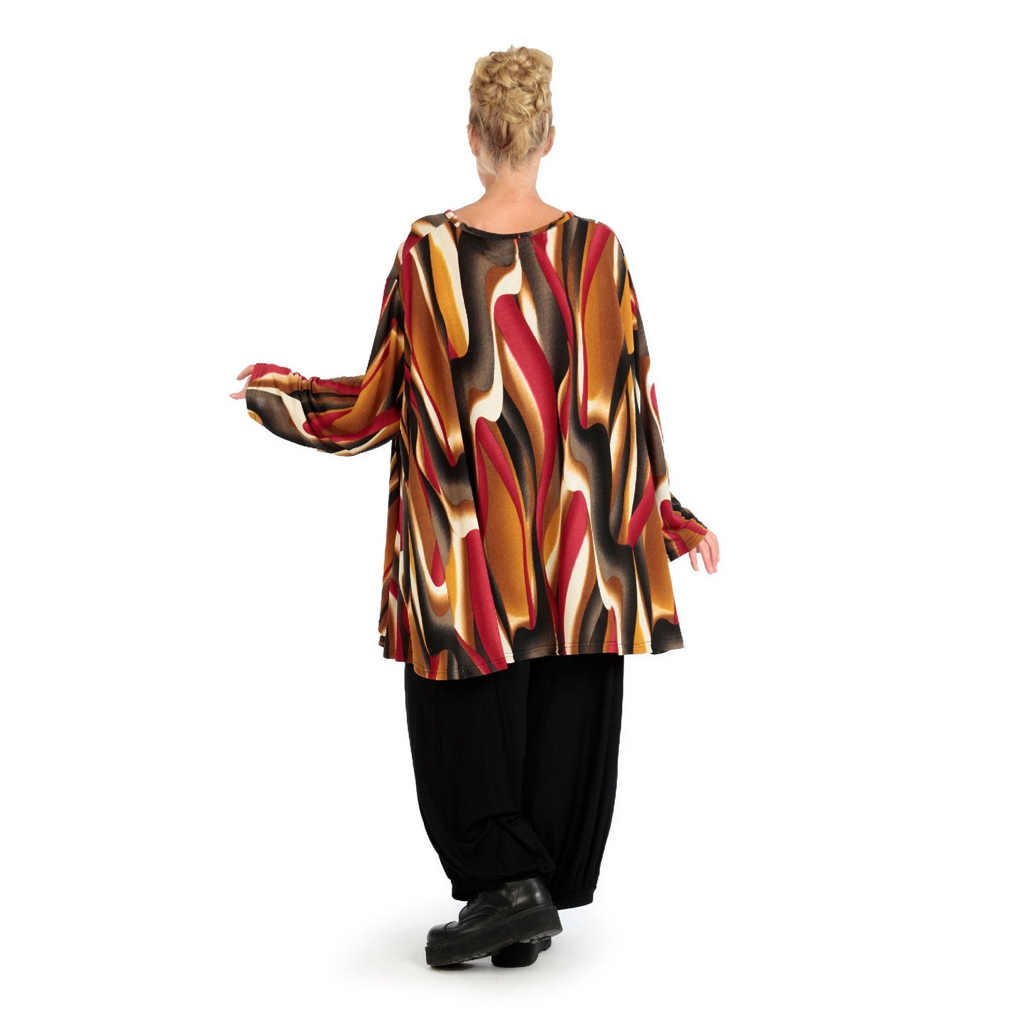 Winter Big Shirt in A-Form aus weicher Feinstrick Qualität, Aurora in Cognac-Rot-Weiss
