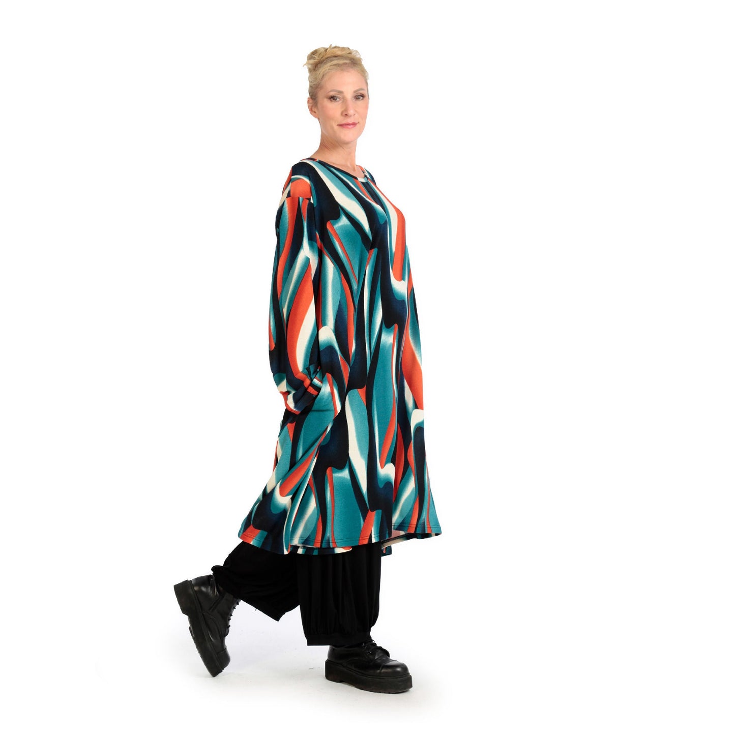 Winter dress in A-shape made of soft fine knit quality, Aurora in blue-orange-black