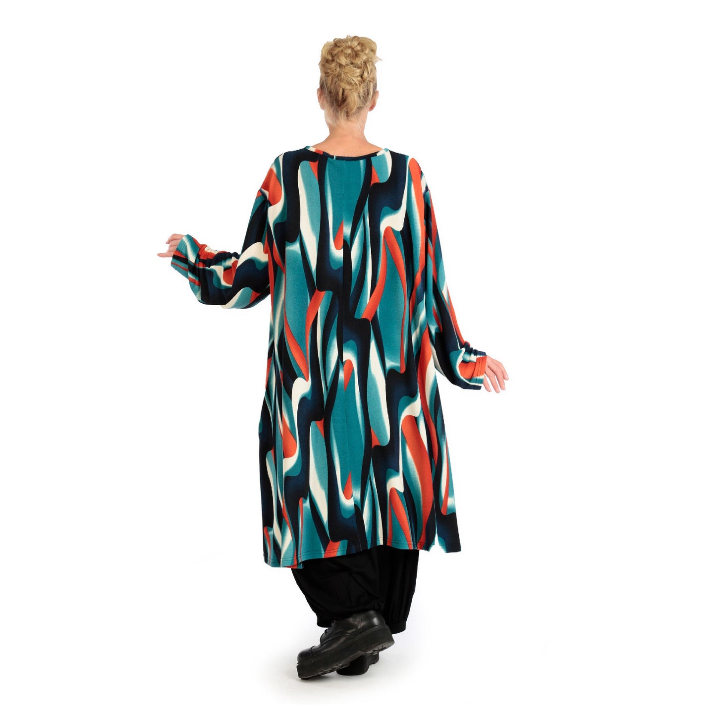 Winter dress in A-shape made of soft fine knit quality, Aurora in blue-orange-black