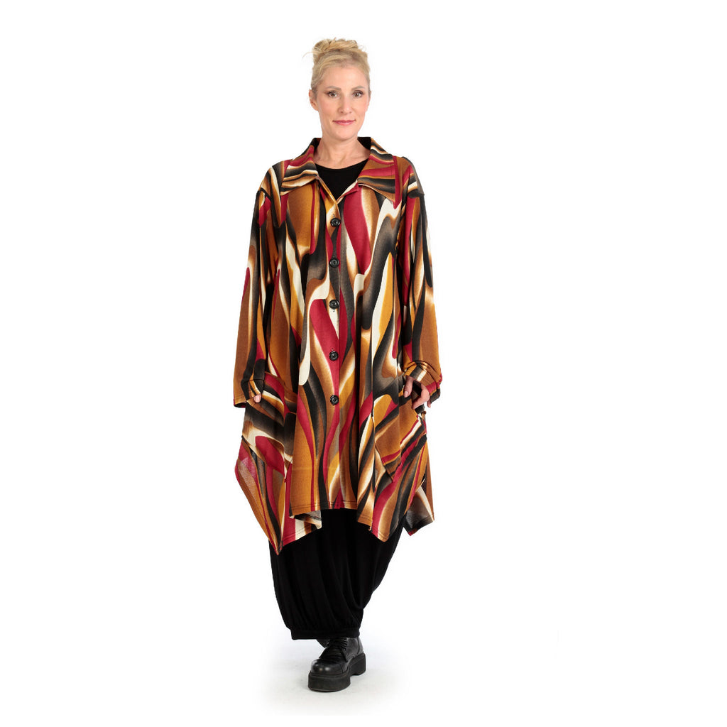 Winter jacket in A-shape made of soft fine knit quality, Aurora in cognac-red-white