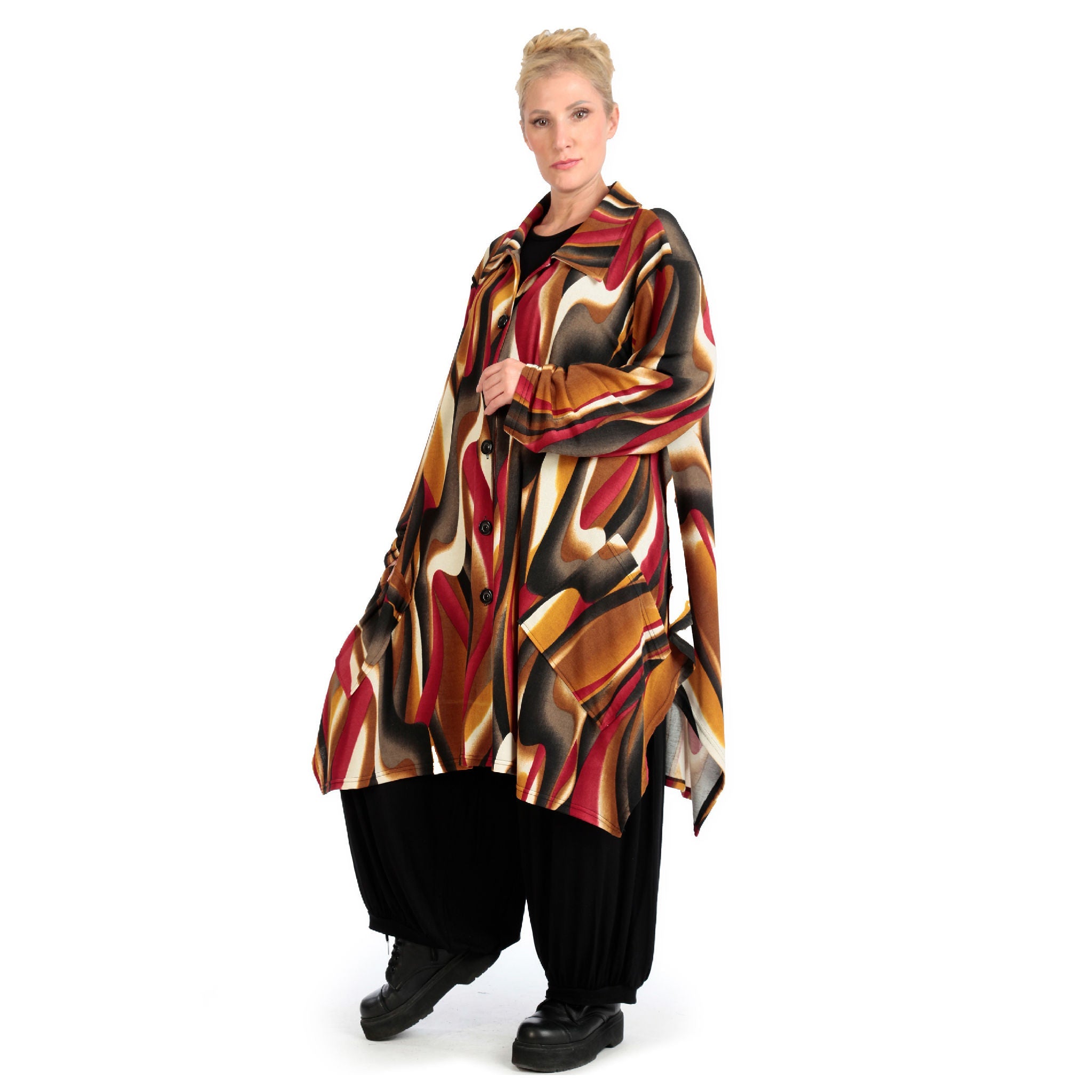 Winter jacket in A-shape made of soft fine knit quality, Aurora in cognac-red-white
