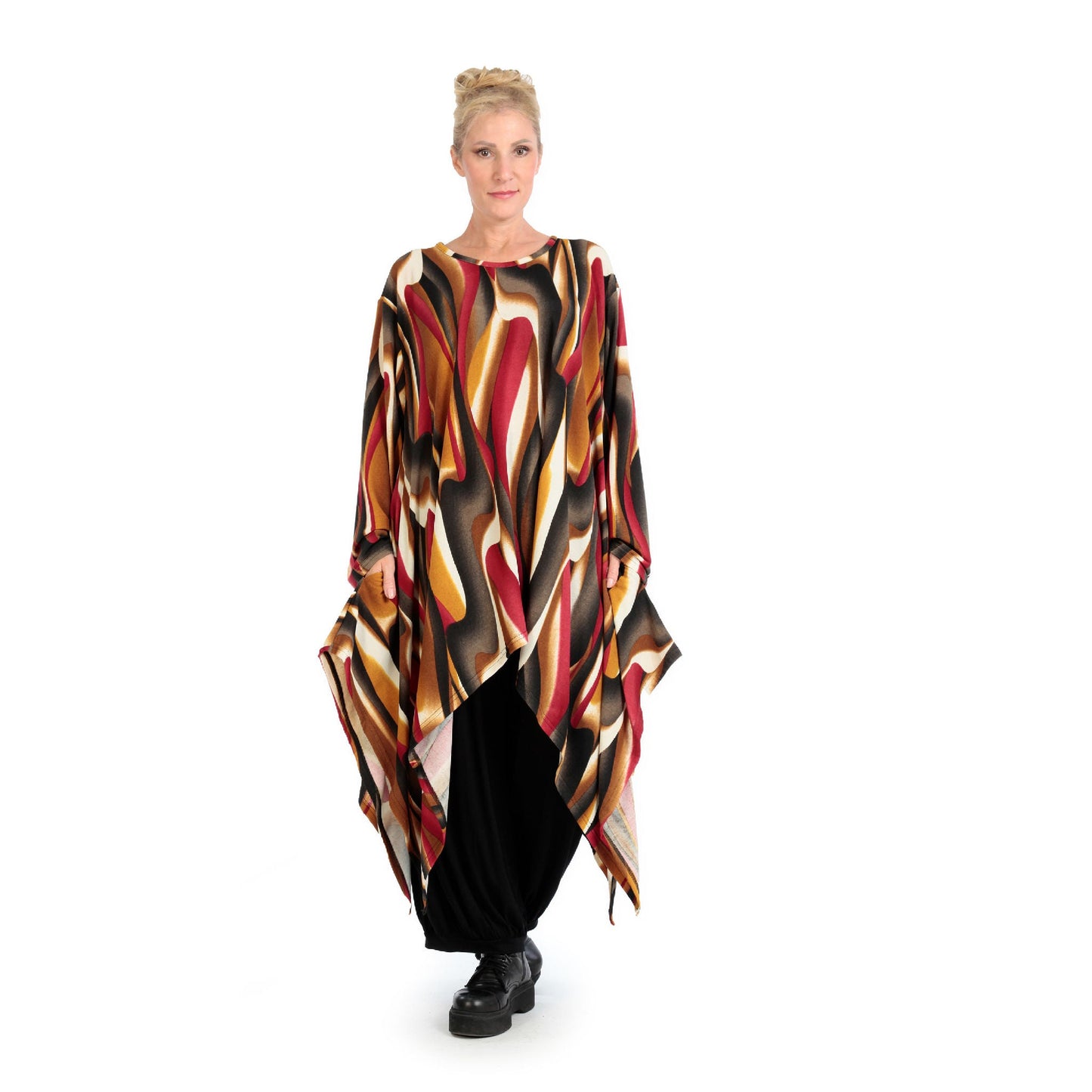 Winter Kleid in A-Form aus weicher Feinstrick Qualität, Aurora in Cognac-Rot-Weiss
