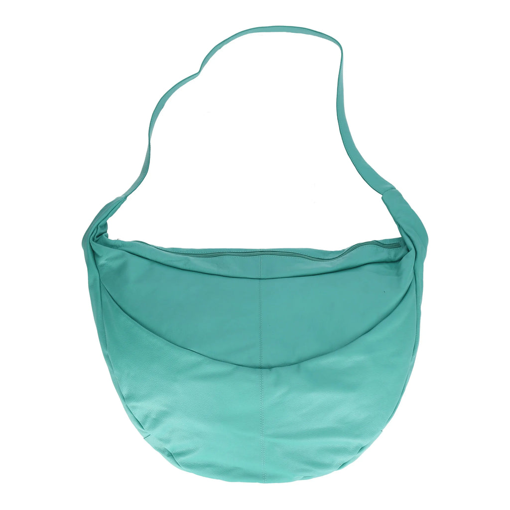 Everyday bag in a balloon shape, made of smooth, high-quality leather, baggy style in turquoise.