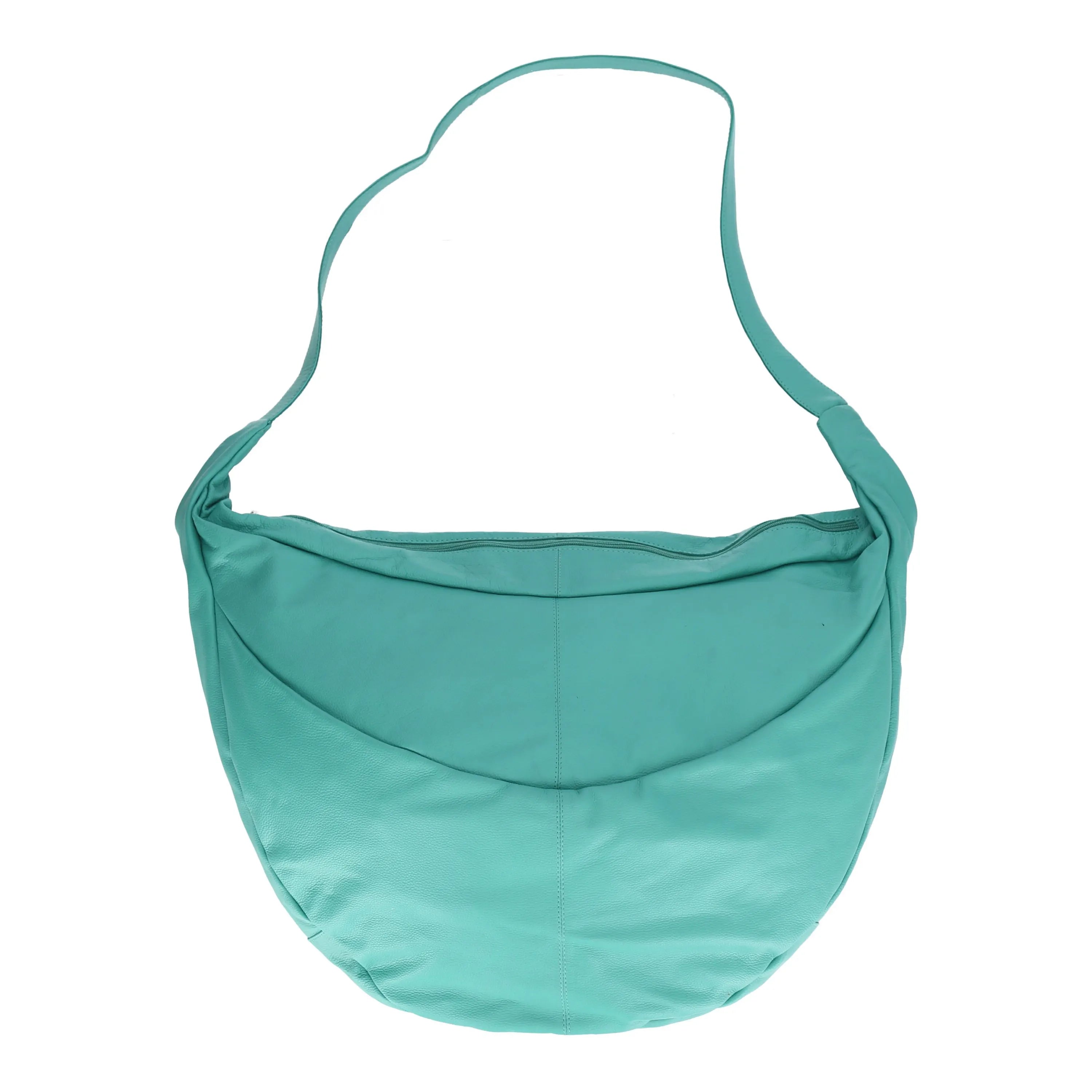 Everyday bag in a balloon shape, made of smooth, high-quality leather, baggy style in turquoise.