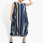 Summer dress in balloon shape made of smooth crepe quality, Amy in blue-beige-multi