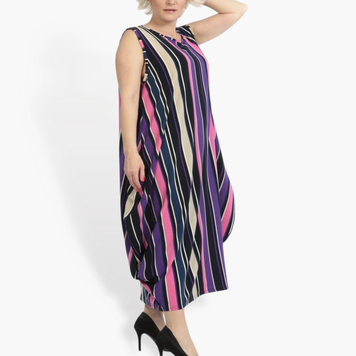 Summer dress in balloon shape made of smooth crepe quality, Amy in pink-purple-multi