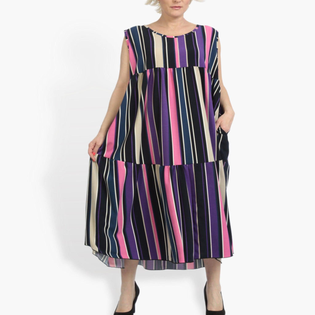Summer dress in A-shape made of smooth crepe quality, Amy in pink-purple-multi