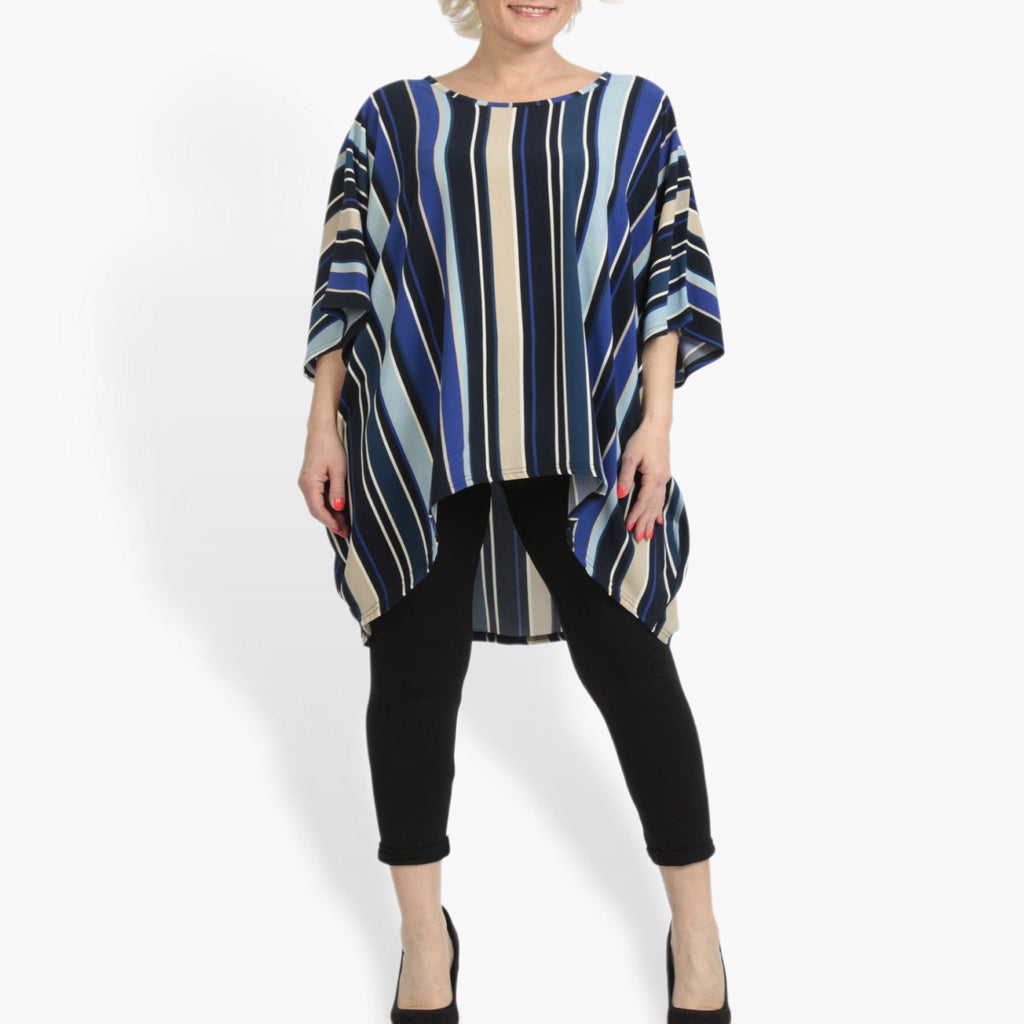 Summer big shirt in mullet shape made of smooth crepe quality, Amy in blue-beige-multi